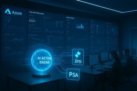 Futuristic Azure analytics room with an AI Action Engine hologram, plus Jira and PSA dashboards.