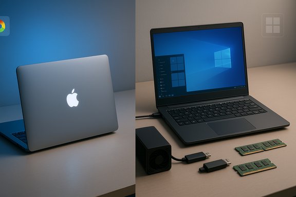 Split-screen setup: a closed MacBook on the left and an open Windows laptop with RAM sticks on the right.
