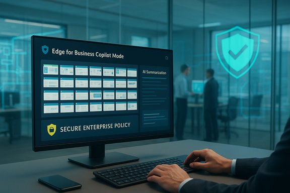 Desk setup with a monitor displaying Edge for Business Copilot Mode and Secure Enterprise Policy.