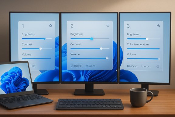Triple-monitor workstation with a laptop, keyboard, and a mug on a desk.