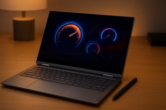 A sleek laptop on a wooden desk displays neon gauge graphics with a stylus nearby.