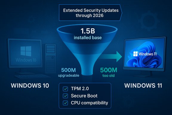 Blue infographic showing Windows 10 to 11 upgrade funnel with 1.5B installed base.