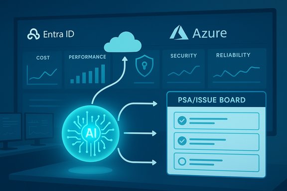 Blue AI-led infographic showing Azure and Entra ID with dashboards and PSA/Issue Board.