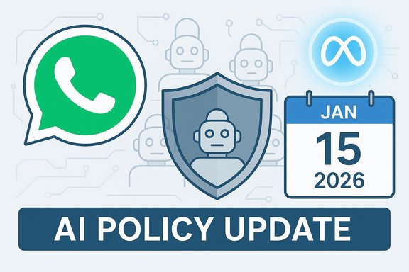 AI policy update: WhatsApp logo, shielded robot, and January 15, 2026. AI policy update: WhatsApp logo, shielded robot, and January 15, 2026.
