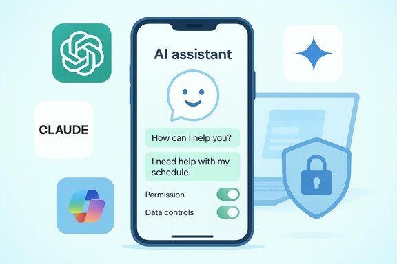 A mobile AI assistant chat screen with privacy switches, surrounded by app icons and a security shield.