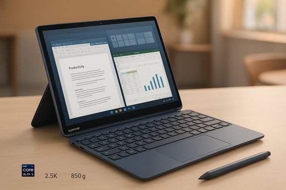 A tablet-laptop hybrid on a desk, with keyboard and stylus, showing Word and spreadsheet apps.