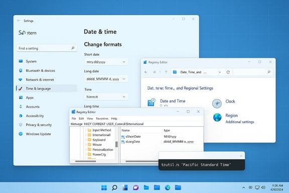 Windows desktop showing Date & time settings, Registry Editor, and system UI windows.