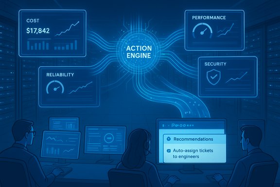 Team monitors a blue holographic Action Engine dashboard showing cost, performance, reliability, and security.