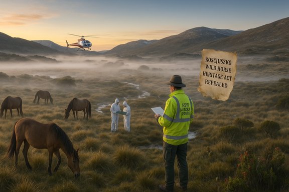 Mist-covered valley with wild horses as a helicopter hovers and a ranger surveys near a repeal sign. Mist-covered valley with wild horses as a helicopter hovers and a ranger surveys near a repeal sign.