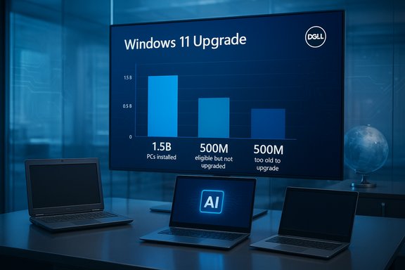 Windows 11 Upgrade chart showing 1.5B PCs installed, 500M eligible but not upgraded, and 500M too old to upgrade.