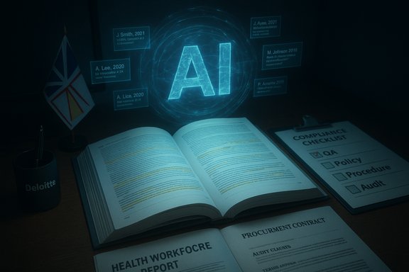 A glowing holographic AI symbol hovers above an open book and a compliance checklist.