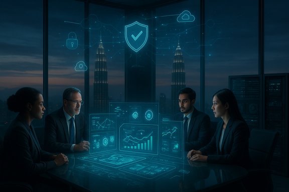 Four professionals in a conference room review holographic dashboards as the city glows at night.