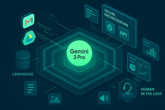 Gemini 3 Pro centered in a futuristic data platform with secure orchestration and human-in-the-loop control.