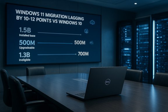 A dim, blue-toned conference room with a Dell laptop on a table and a large screen displaying Windows 11 migration stats.
