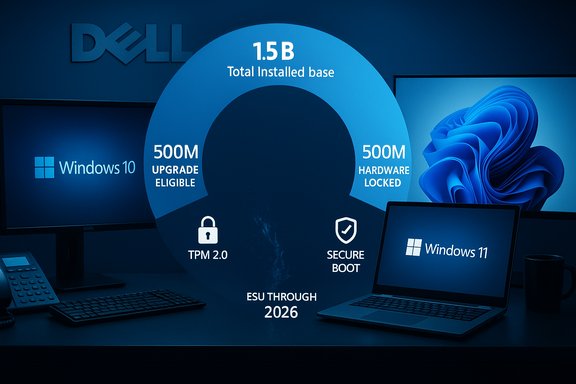 Dell display of Windows 10/11 devices with a chart: 1.5B installed base, 500M upgrade eligible, 500M hardware locked.