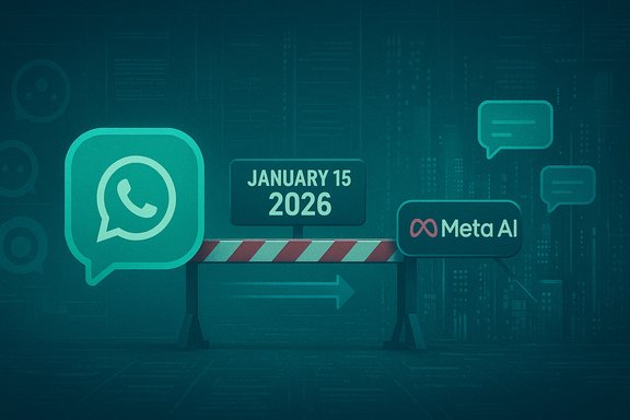 A futuristic display shows WhatsApp and Meta AI signs, dated January 15, 2026. A futuristic display shows WhatsApp and Meta AI signs, dated January 15, 2026.