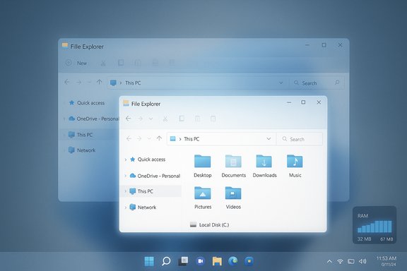 Overlapping Windows File Explorer windows on a blue desktop with a RAM usage widget.