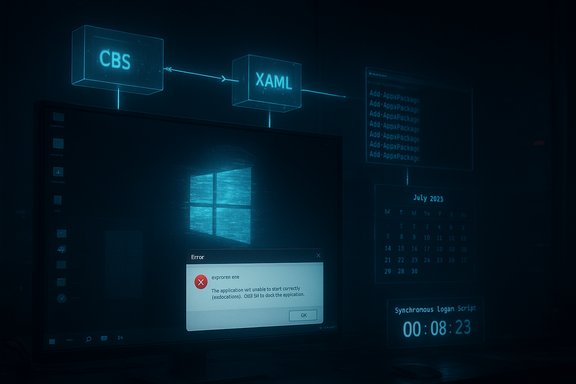 Blue neon cyber-desk with CBS→XAML holograms above a Windows monitor displaying an error.