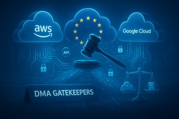 EU DMA gatekeepers: gavel looming over cloud giants like AWS and Google Cloud.