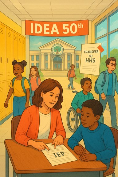 A student and a younger boy review an IEP at a school table during the IDEA 50th celebration.