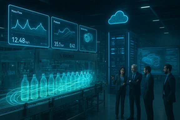 Four professionals review a futuristic bottling line with holographic data dashboards.