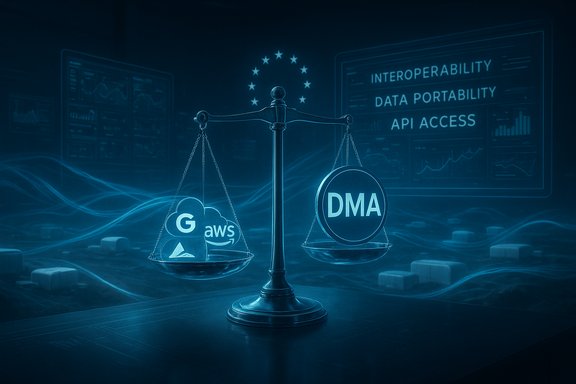 A balance scale contrasts cloud providers (AWS, Google Cloud, Azure) with DMA for data portability.