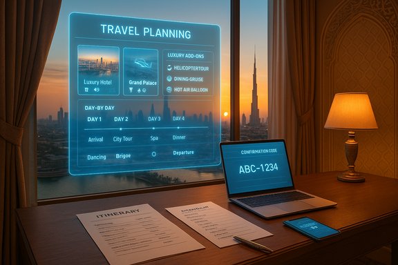 Neon travel planning board glows over a sunset Dubai hotel, beside laptop and papers.