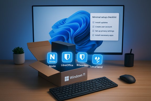A Windows 11 box sits on a desk with glowing app icons (Ninite, LibreOffice, Bitwarden, LocalSend) in front.