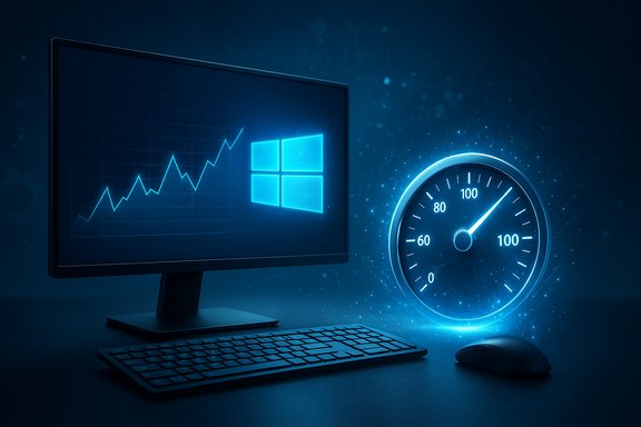 Blue-toned desk setup with a rising chart on screen and a glowing speedometer beside the monitor.