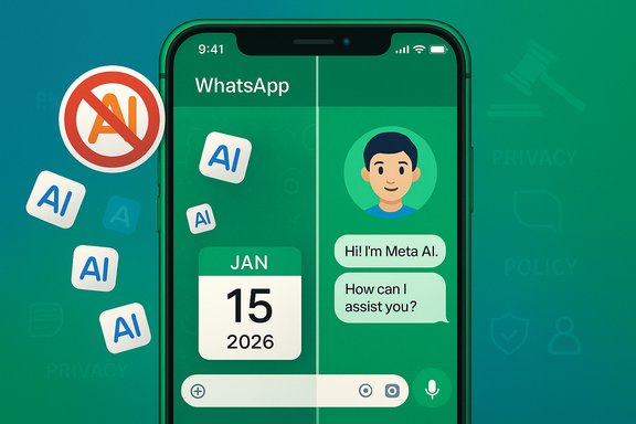 Phone screen shows WhatsApp with AI-themed tiles and a no-AI symbol.