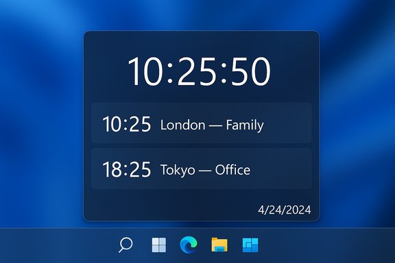Dark blue desktop with a world clock showing London 10:25 and Tokyo 18:25, plus date 4/24/2024.