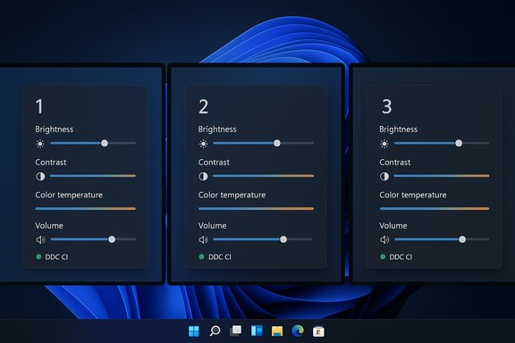 Three dark blue settings panels labeled 1–3 showing brightness, contrast, color temperature, and volume sliders.