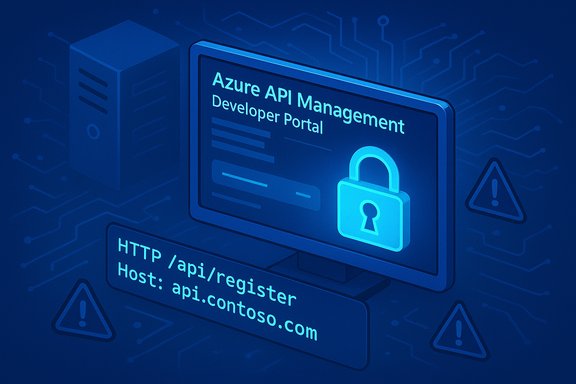 Azure API Management Developer Portal displayed on a secure monitor with a lock and API URL.