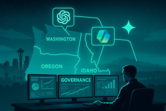 A data analyst monitors governance dashboards on three screens over a neon map of Idaho, Oregon, and Washington.
