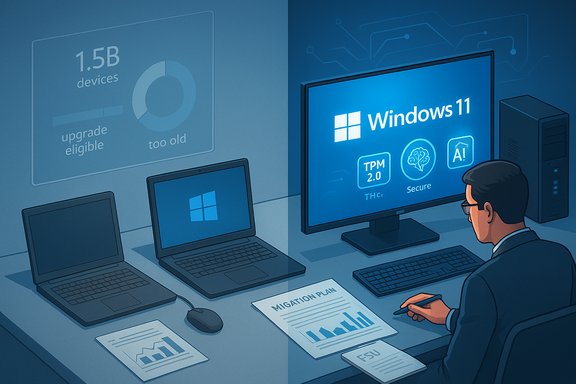An analyst reviews a Windows 11 migration plan across multiple laptops and a large monitor.