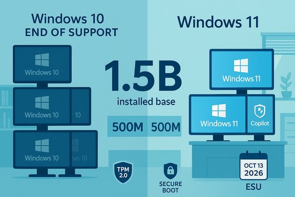 Infographic compares Windows 10 ending support with Windows 11's 1.5B installed base.