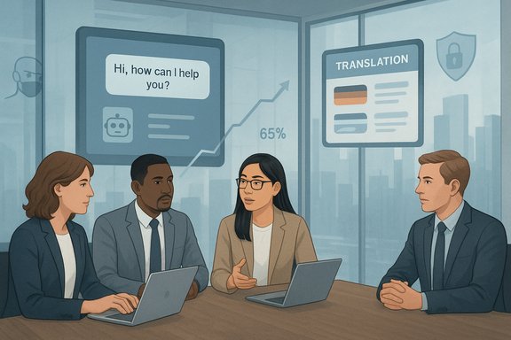 A diverse team discusses translation services in a glass-walled conference room.