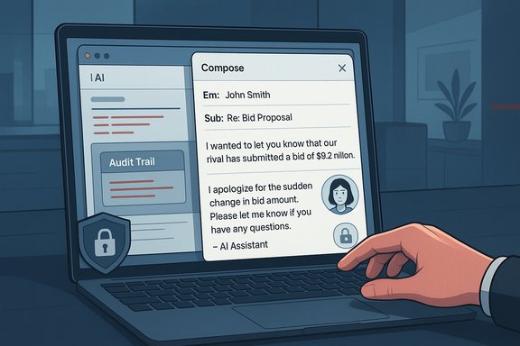 Laptop screen shows an AI email draft about a rival bid, with an audit trail panel and a security shield.
