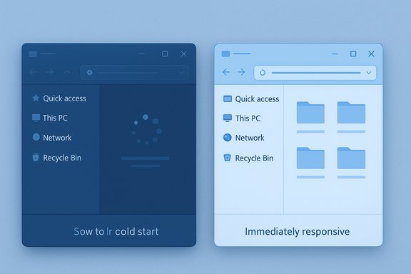 Two Windows-style UI sketches comparing slow startup (left) with immediately responsive design (right). Two Windows-style UI sketches comparing slow startup (left) with immediately responsive design (right).