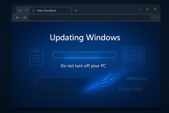 Blue Windows update screen with a progress bar and the warning: Do not turn off your PC.