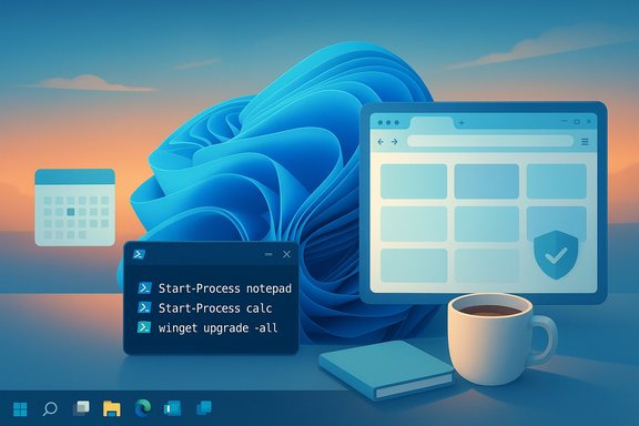 Windows-style desktop with a blue swirl background, a terminal window showing commands, and a coffee mug.