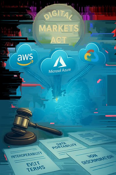 EU Digital Markets Act targets big cloud providers (AWS, Azure, Google Cloud) under a gavel.