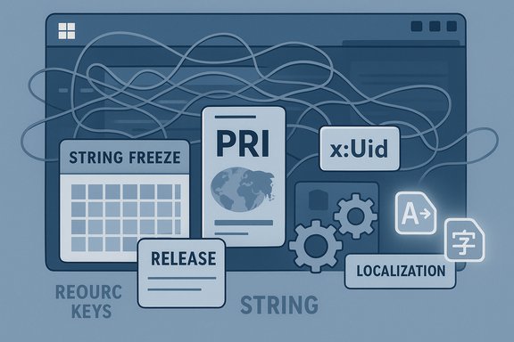 Illustration of software localization: managing strings with keys, PRIs, string freeze, and release.