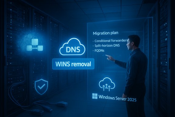 IT professional reviews a DNS migration plan in a data center with Windows Server 2025 holograms.