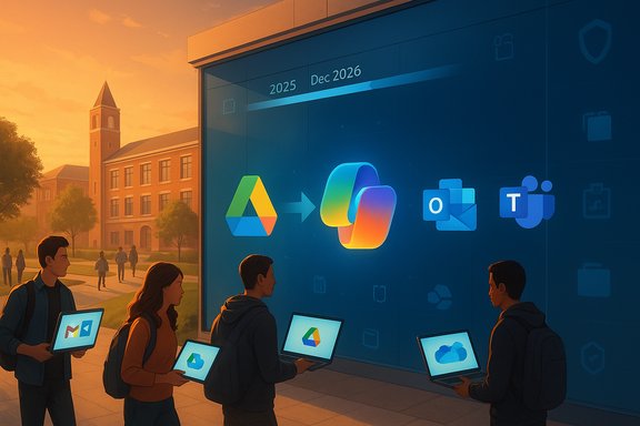 Students with laptops view a large screen showing a migration from Google Drive to Microsoft 365 (Outlook/Teams). Students with laptops view a large screen showing a migration from Google Drive to Microsoft 365 (Outlook/Teams).