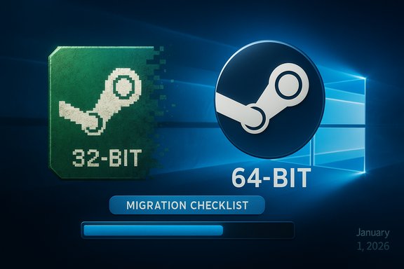 Windows background showing 32-bit to 64-bit Steam migration with a checklist. Windows background showing 32-bit to 64-bit Steam migration with a checklist.
