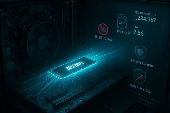 A glowing NVMe SSD installed in a server, surrounded by blue light sparks and a digital system dashboard.