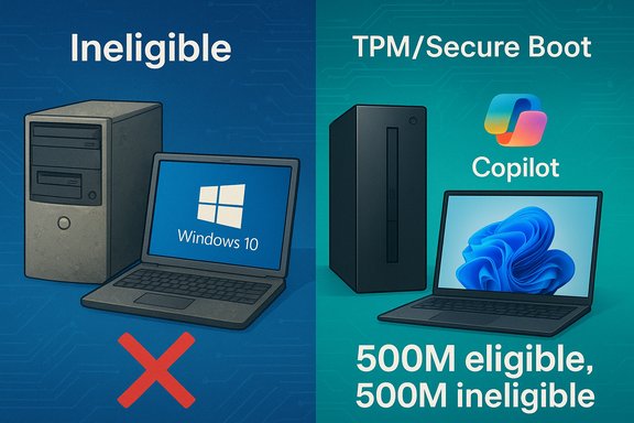 Two-panel infographic: left shows an Ineligible Windows 10 PC; right shows TPM/Secure Boot eligible Copilot devices (500M).