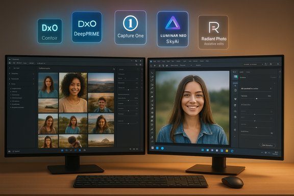 Dual-monitor photo-editing setup with portraits on the left and a close-up portrait on the right.