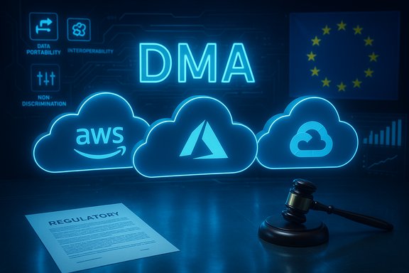Neon cloud logos (AWS, Azure) with DMA text, a regulatory document, and a judge's gavel.
